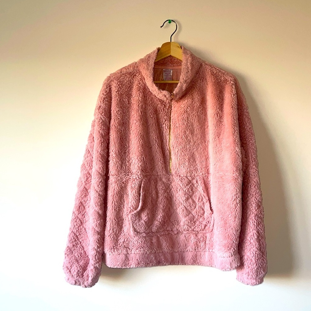 No Boundaries Womens  Faux Fur Pullover 1/2 Zip Pockets Pink XXXL(3XG)21
